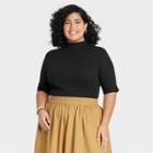 Women's Plus Size Elbow Sleeve Mock Turtleneck T-shirt - A New Day Black