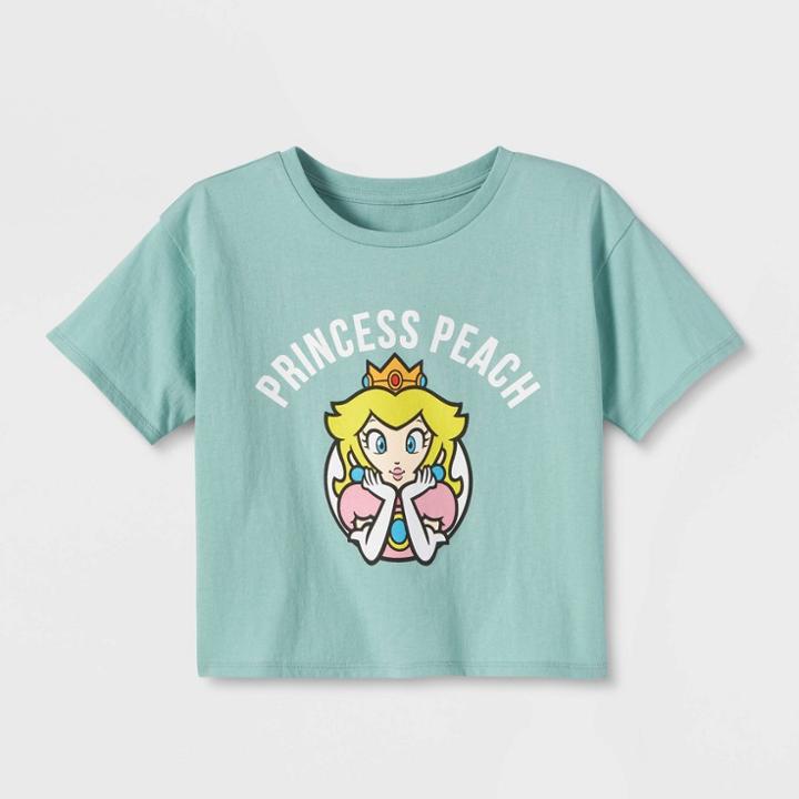 Girls' Nintendo Just Peachy Cropped Short Sleeve Graphic T-shirt - Green