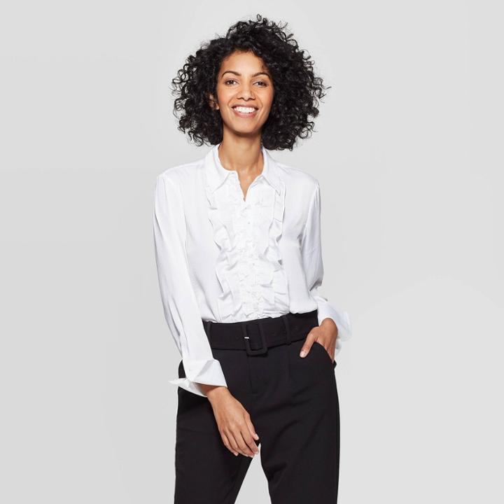 Women's Ruffle Long Sleeve Collared Front Button Blouse - A New Day White