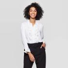 Women's Ruffle Long Sleeve Collared Front Button Blouse - A New Day White