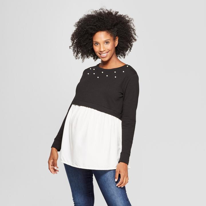 Maternity Long Sleeve Beaded Flounce Sweatshirt - Isabel Maternity By Ingrid & Isabel Black