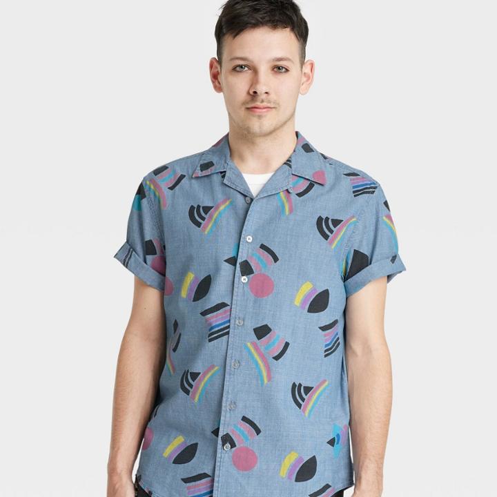 No Brand Pride Adult Short Sleeve Woven Multiflag Button-down Shirt - Blue Denim Boat