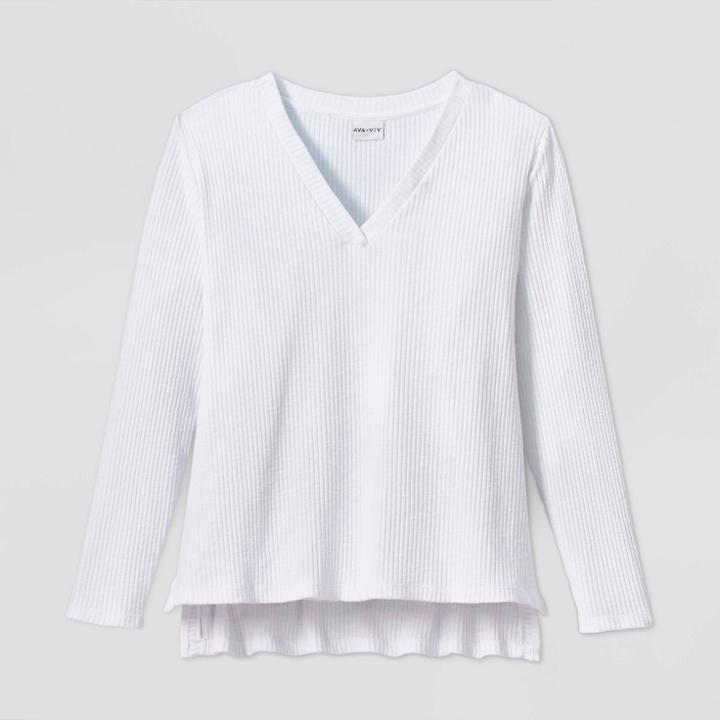 Women's Plus Size Long Sleeve V-neck Ribbed Pullover - Ava & Viv White X, Women's