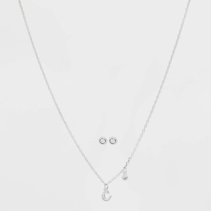 Silver Plated Cubic Zirconia Initial 'c' Chain Pendant Necklace And Earring Set - A New Day