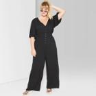 Women's Plus Size Balloon Short Sleeve V-neck Button Front Jumpsuit - Wild Fable Black