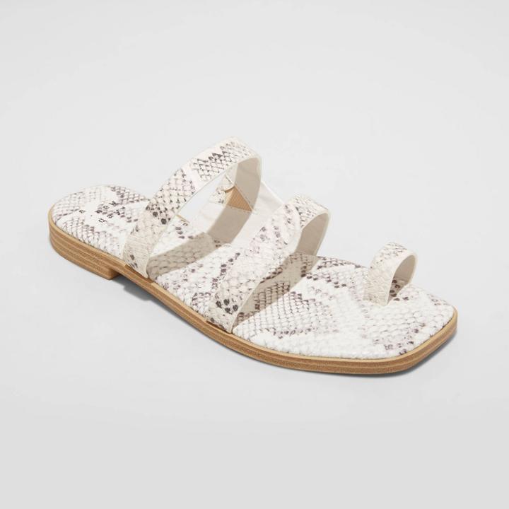 Women's Marilyn Wide Width Snake Print Toe Loop Slide Sandals - A New Day White