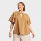 Women's Plus Size Flounce Short Sleeve V-neck Popover Top - A New Day Brown