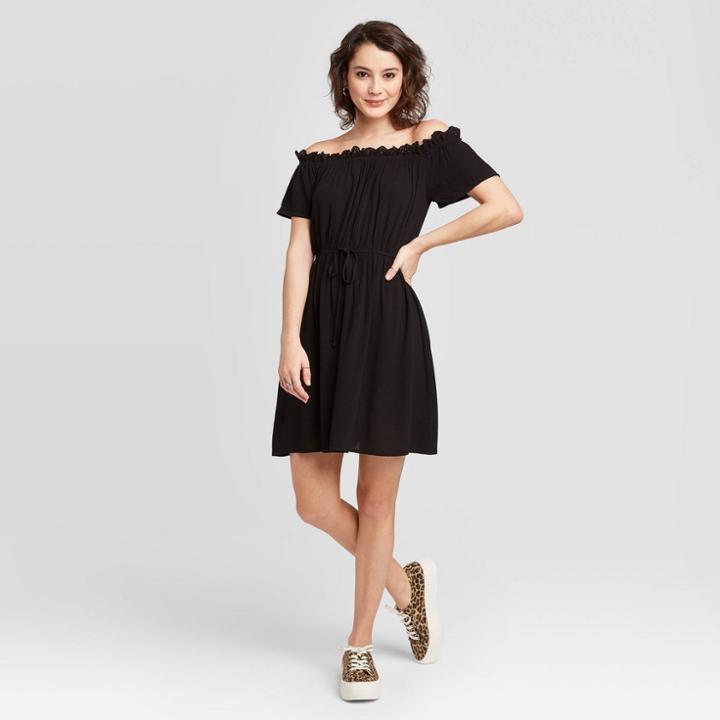 Women's Short Sleeve Eyelet Trim Off The Shoulder Mini Dress - Xhilaration Black