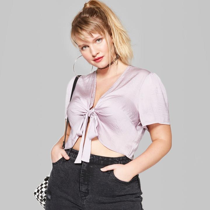 Women's Plus Size Short Sleeve Tie Front Satin Top - Wild Fable Calm Violet