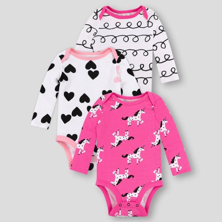 Lamaze Baby Girls' 3pk Organic Cotton Unicorn Long Sleeve Bodysuit - Pink