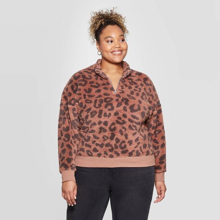 Women's Leopard Print Plus Size Long Sleeve 1/4 Zip Sweatshirt - Grayson Threads (juniors') - Brown 1x, Women's,