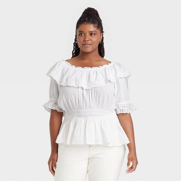 Women's Plus Size Ruffle Short Sleeve Eyelet Peplum Blouse - Universal Thread White