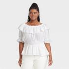 Women's Plus Size Ruffle Short Sleeve Eyelet Peplum Blouse - Universal Thread White