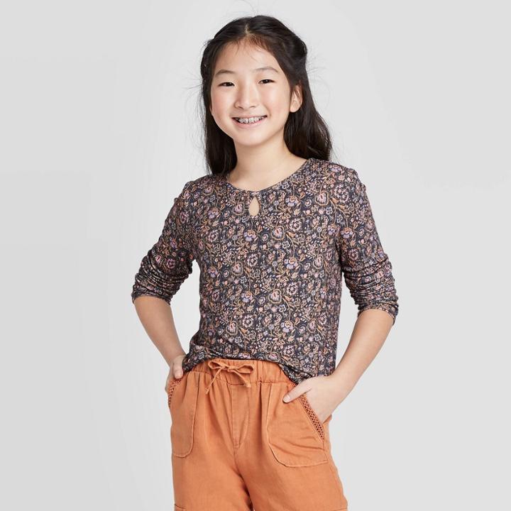 Girls' Long Sleeve Rib Key Hole Top - Art Class Gray
