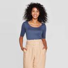 Women's Regular Fit Elbow Sleeve Scoop Neck T-shirt - A New Day Blue