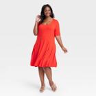 Women's Elbow Sleeve Flared Dress - Ava & Viv Red