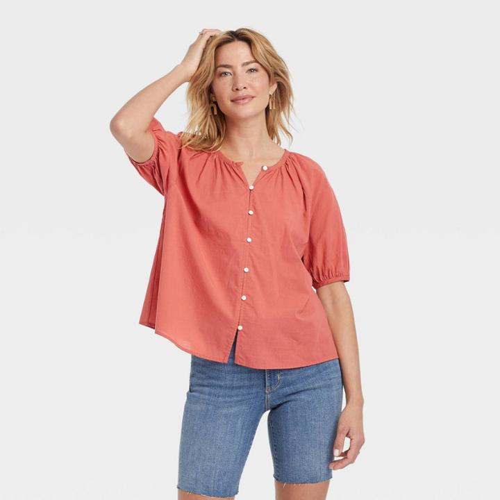 Women's Puff Short Sleeve Button-front Blouse - Universal Thread Rust