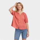 Women's Puff Short Sleeve Button-front Blouse - Universal Thread Rust