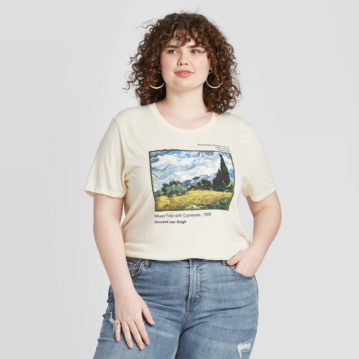 Bioworld Women's Generic Vincent Van Gogh Art Short Sleeve Graphic T-shirt (juniors') - Light Yellow 1x, Adult Unisex,