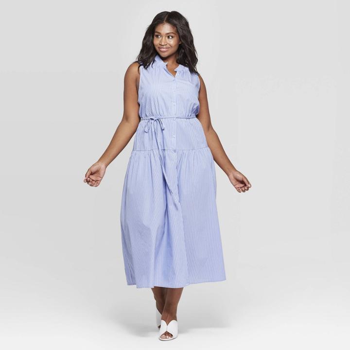 Women's Plus Size Pinstripe Sleeveless High Neck Button Front Dress - Who What Wear Blue