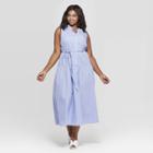 Women's Plus Size Pinstripe Sleeveless High Neck Button Front Dress - Who What Wear Blue