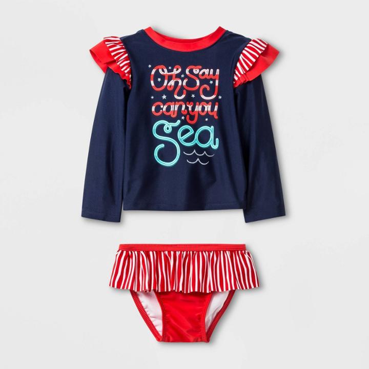Baby Girl' Long Sleeve 'oh Say Can You Sea' Rash Guard Set - Cat & Jack Navy 9m, Toddler Girl's, Blue/blue