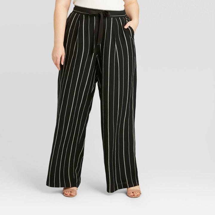 Women's Plus Size Striped Wide Leg Linen Pants - A New Day Black/white 1x, Women's,