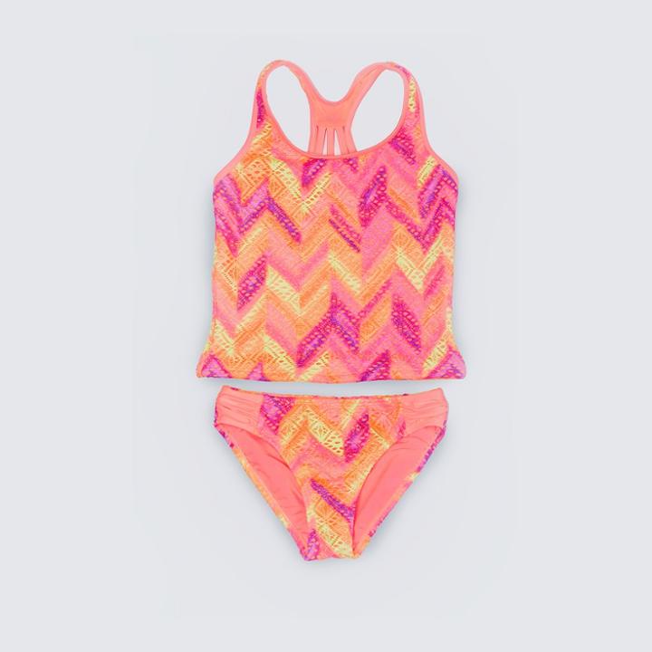 Breaking Waves Girls' Side Tab Tankini Set - Orange