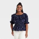 Women's Plus Size Ruffle Short Sleeve Eyelet Peplum Blouse - Universal Thread Navy Blue Floral