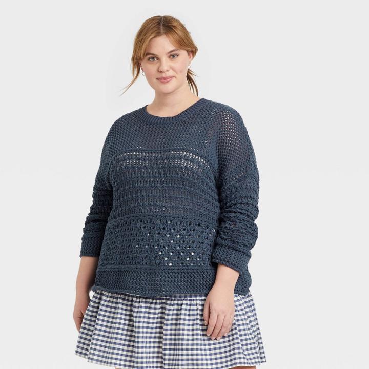 Women's Plus Size Open Work Crewneck Pullover Sweater - Universal Thread Blue