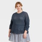Women's Plus Size Open Work Crewneck Pullover Sweater - Universal Thread Blue