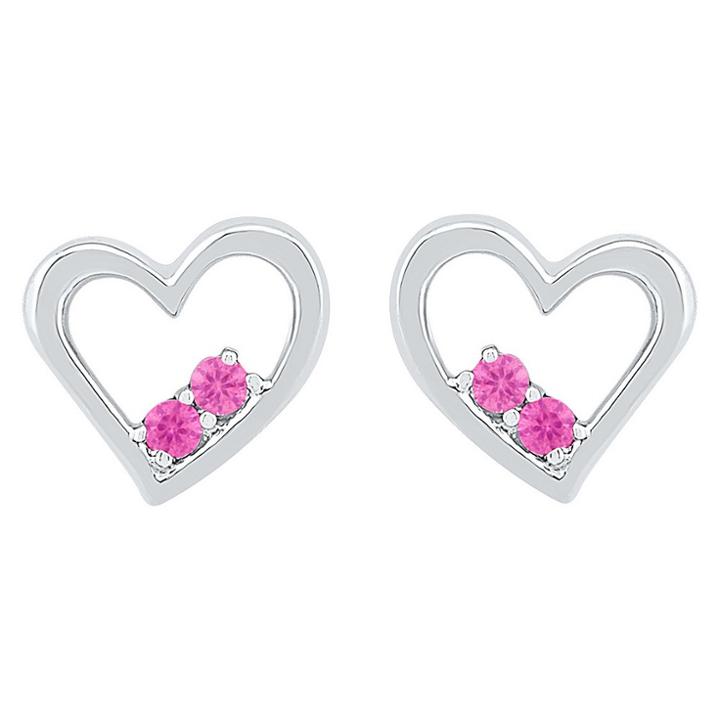 Target Created Pink Sapphire Prong Set Two-stone In Heart Earring In Sterling Silver, Girl's, White