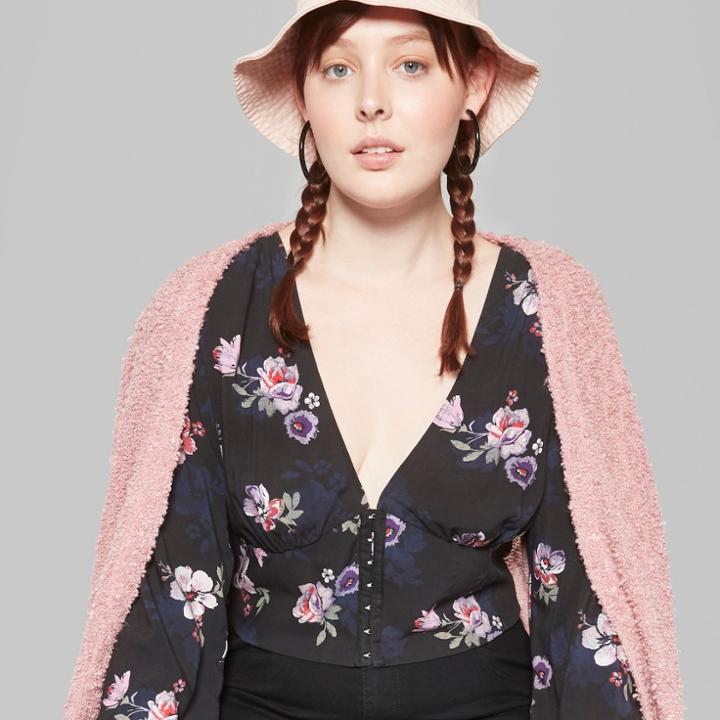 Women's Plus Size Floral Print Long Sleeve V-neck Front Clasp Top - Wild Fable Black
