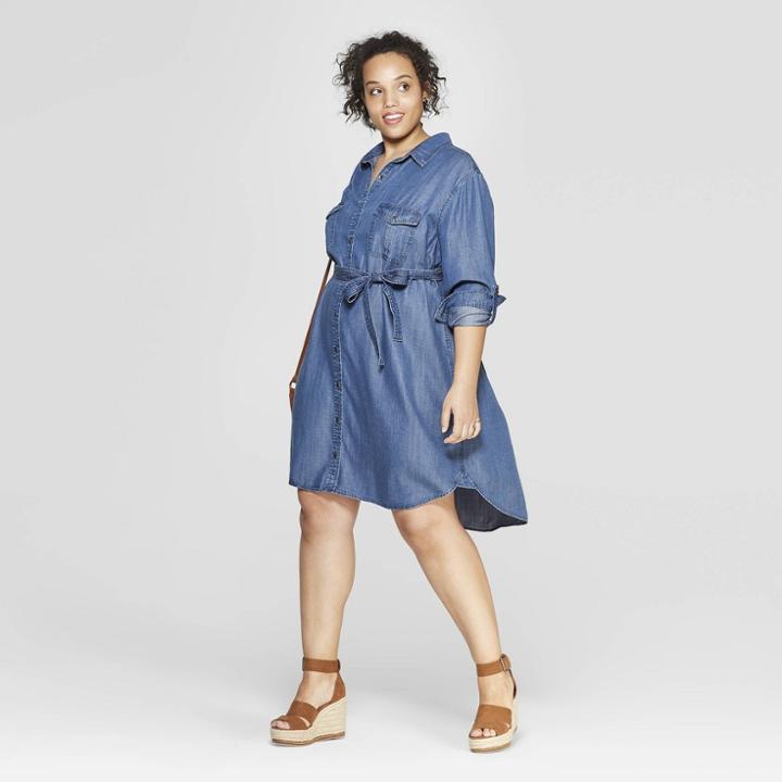 Women's Plus Size Long Sleeve Collared Shirtdress - Universal Thread Navy (blue)