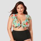 Women's Slimming Control Tie Front Bikini Top - Beach Betty By Miracle Brands Blue Floral