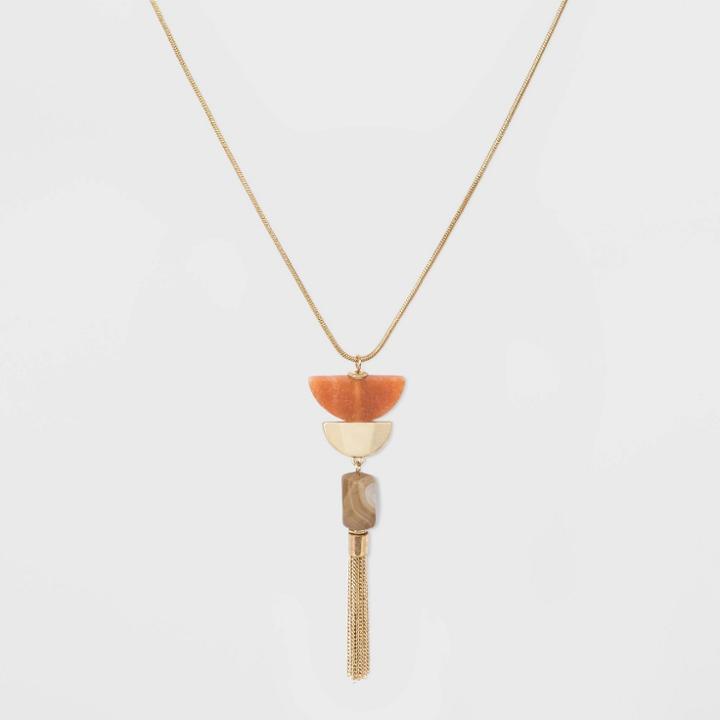 Semi-precious Aventurine Agate With Worn Gold Tassel Pendant Necklace - Universal Thread Gold