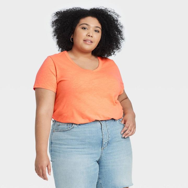 Women's Plus Size Short Sleeve V-neck T-shirt - Universal Thread Orange