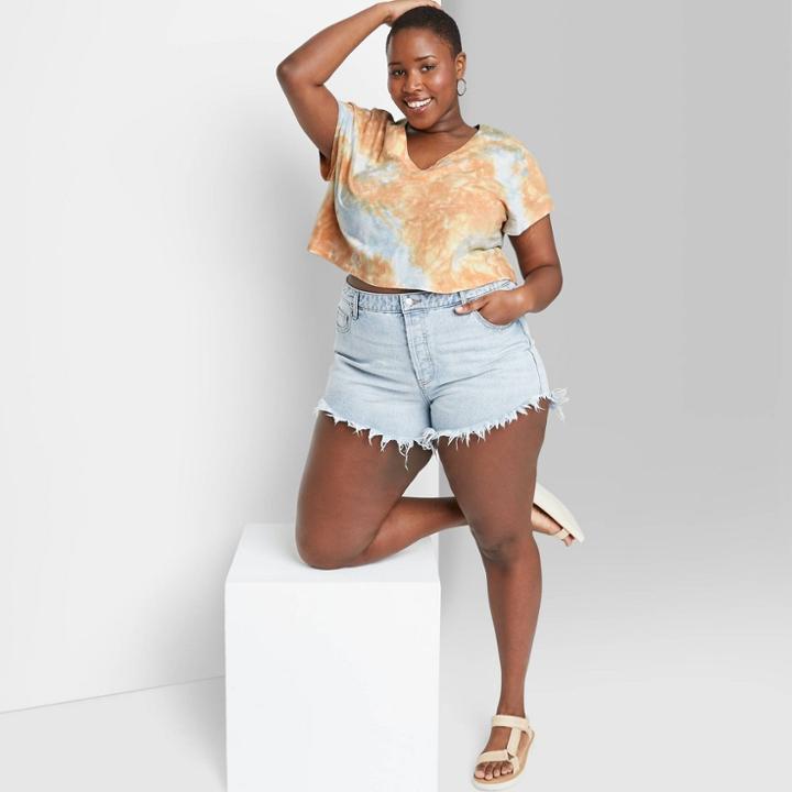 Women's Plus Size Short Sleeve V-neck Cropped Boxy T-shirt - Wild Fable Brown Tie-dye