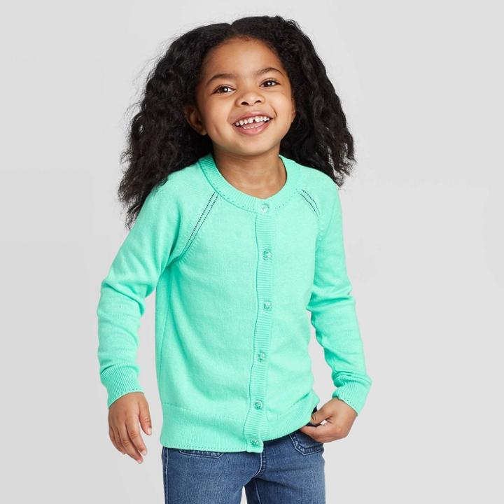 Toddler Girls' Crew Neck Long Sleeve Cardigan - Cat & Jack Mint 12m, Toddler Girl's, Green