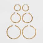 Graduated Tube Cubic Zirconia Hoop Earring Set 3pc - Wild Fable Gold
