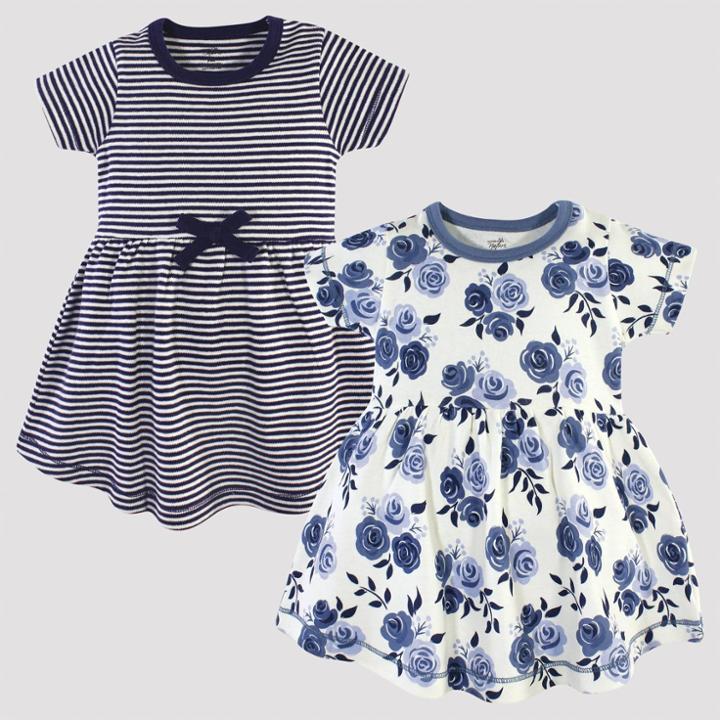 Touched By Nature Baby Girls' 2pk Stripped & Floral Organic Cotton Dress - Navy/white 12-18m, Girl's, Blue/white