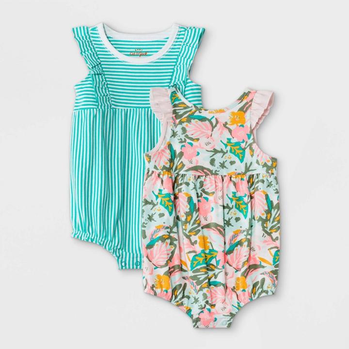 Baby Girls' 2pk Tropical Floral Striped Romper - Cat & Jack Green Newborn