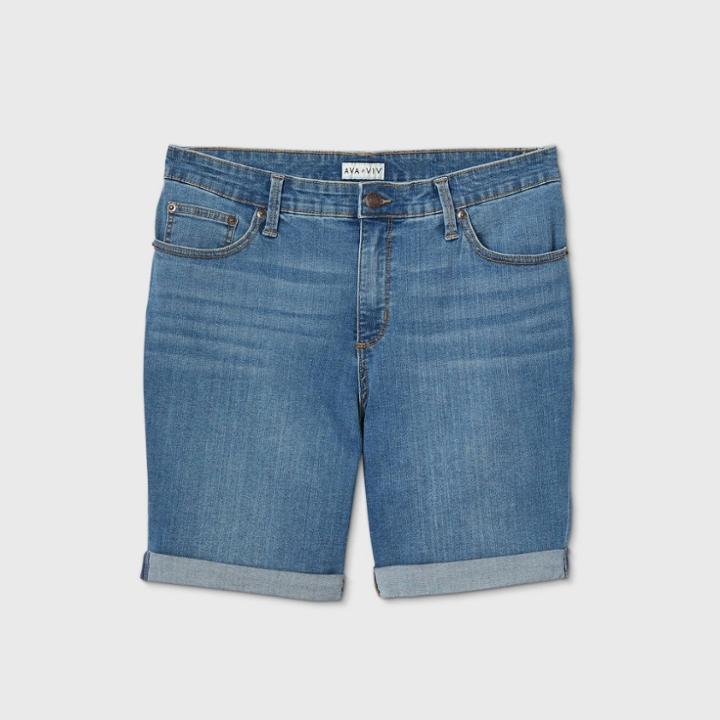 Women's Plus Size Mid-rise Bermuda Jean Shorts - Ava & Viv Medium Wash