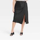 Women's Plus Size Ruched Satin Midi Slip Skirt - A New Day Black