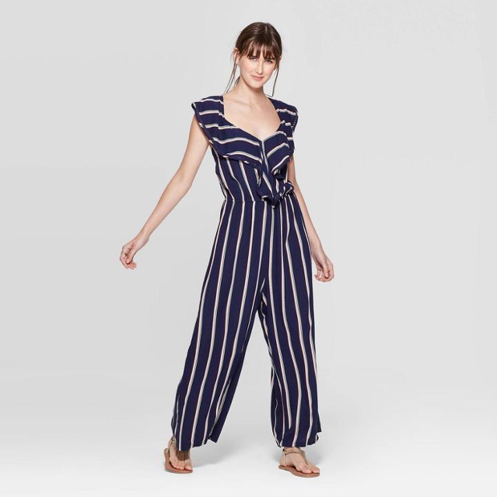 Women's Striped Short Sleeve V-neck Ruffle Front Jumpsuit - Xhilaration Navy