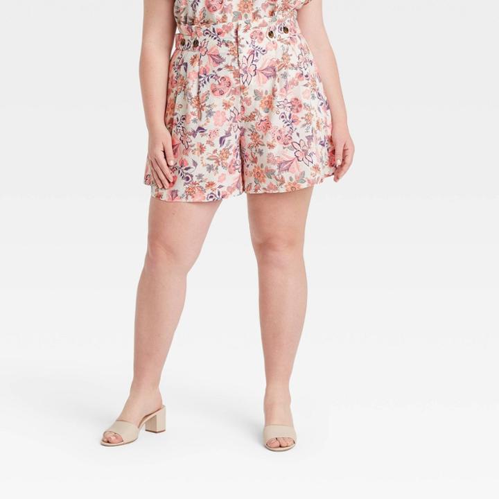 Women's Plus Size Button Detail Paperbag Shorts - Who What Wear Cream Floral 14w, Ivory Floral