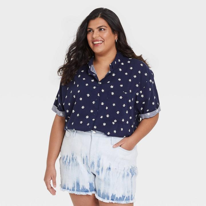 Women's Plus Size Short Sleeve Button-down Shirt - Ava & Viv Navy Blue X