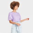 Women's Slim Fit Puff Short Sleeve Round Neck Mixed Media T-shirt - A New Day Purple