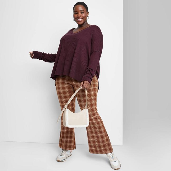 Women's Plus Size Long Sleeve V-neck Cozy Rib T-shirt - Wild Fable Berry Purple