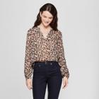 Women's Leopard Print Long Sleeve Ruffle Cuff Blouse - A New Day Beige